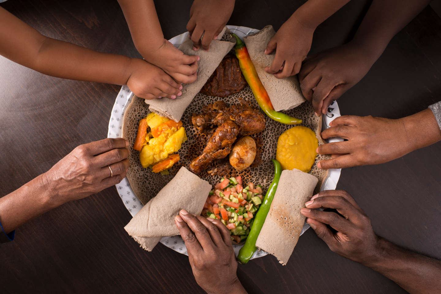 Ethiopian traditional hand held eating injera.