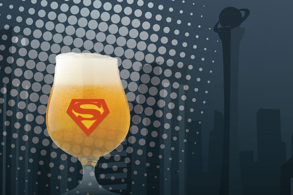 Beer glass with a superhero logo on it.