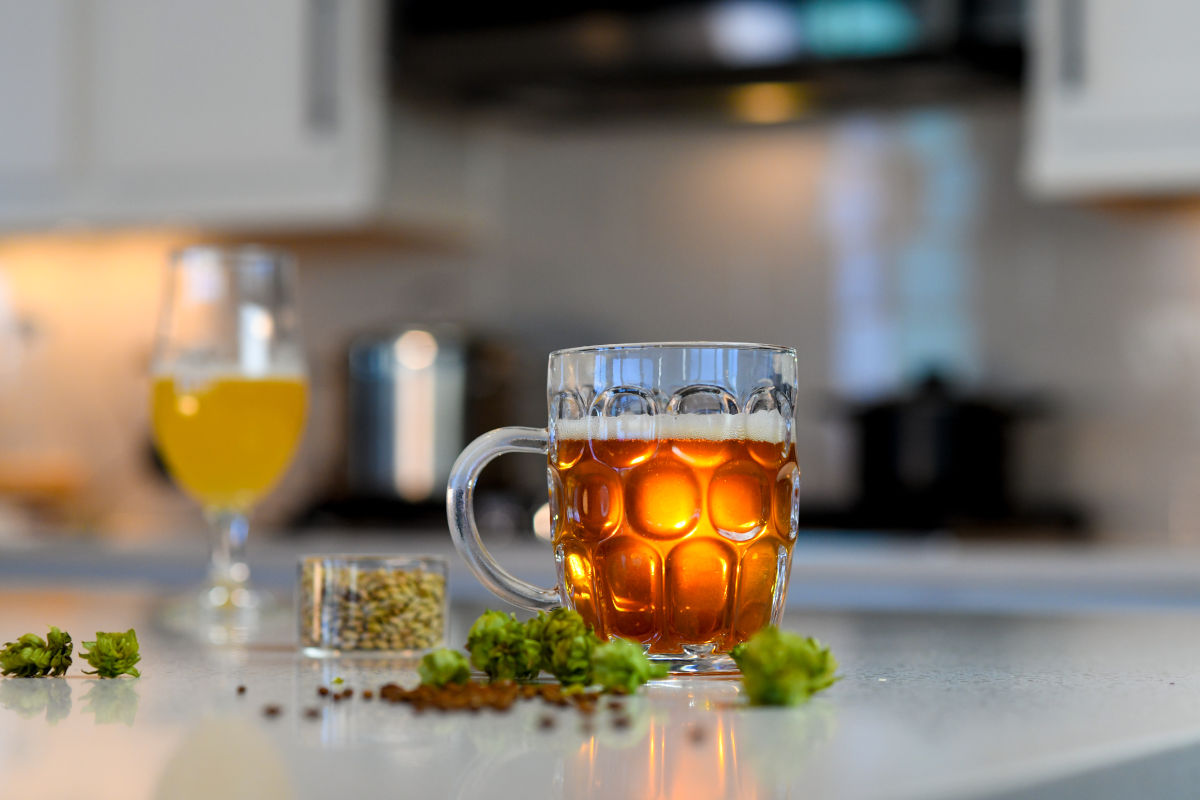 homebrew beer in mug with beer ingredients